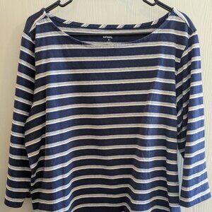Land's End Blue White Nautical Striped 3/4 Sleeve Boat Neck Top Size XL Womens
